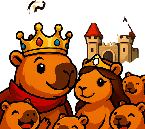 Utilizando este ejemplo. Hay un castillo al fondo. Al frente esta el rey capybara y la reina capybara tranquilos y los capibaras habitantes estan rodeandolos felices. Elimina el cañon de detras. Agrega el titulo de juego en la parte superior: Capybara Castle.
In-Game asset.  2d.  High contrast.