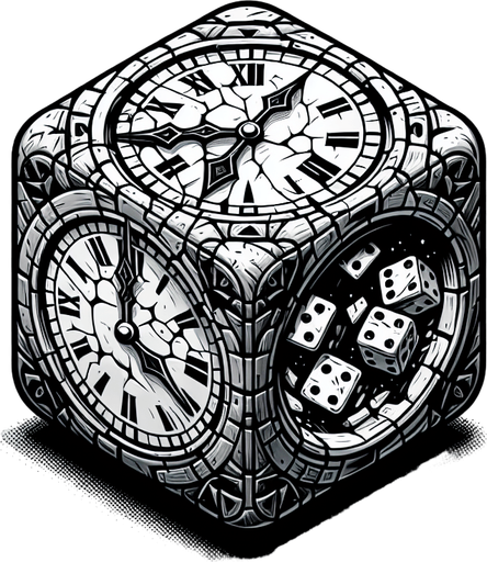 A clock face or hourglass that is visibly cracked or shattering. Could also be a die symbol mid-roll or showing multiple faces at once..
Single Game Texture.  In-Game asset.  2d.  Blank background.  High contrast.  No shadows