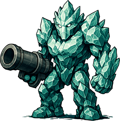 un golem de cristal muy realista con un cañon en la mano.
In-Game asset.  2d.  High contrast.  No shadows