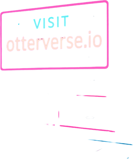 Render a futuristic skyline view from a glass-walled sky-bridge at twilight. Huge digital billboard outside declares ‘Visit otterverse.io’ in crisp neon lettering. Include passing hover-cars, floating particle effects, and a wet floor inside reflecting the lights—no characters or coins..
In-Game asset.  2d.  High contrast.  No shadows