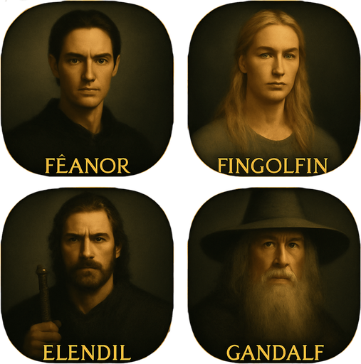 Tamamen aynı stil aynı çerçeve aynı boyut ve aynı biçimi kullan ancak Feanor (Sakalsız yüce elf), Fingolfin (Sarışın uzun saçlı elf), Elendil, Gandalf ı yap