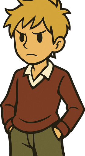 15 yo boy with short scruffy blonde hair professor Layton game style.
In-Game asset.  2d.  High contrast.  No shadows