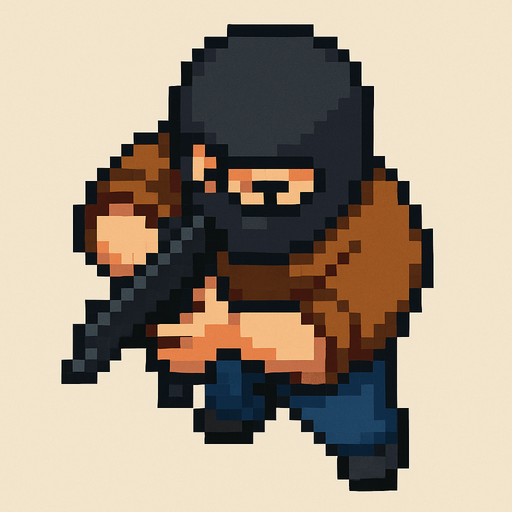 Draw a Man He Have Baclava mask wearin brown shirt and blue pants He Using Gun with 2 hands 
 in 2D Pixel Art Style and Do It from an Above Perspective.In-Game asset.  2d.  High contrast.  No shadows