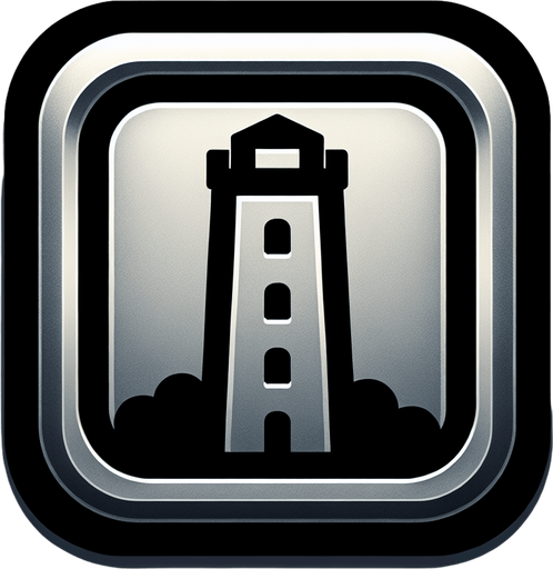A square metal button with the image of a tower. Single Game Texture. In-Game asset. 2d. Blank background. High contrast. No shadows.