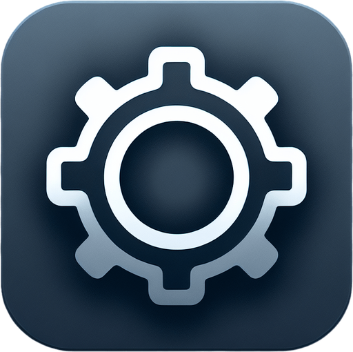 A square app store icon with rounded edges, designed for a Settings app. The icon features a simple gear symbol in the center, cleanly outlined with smooth lines. The background is a gradient of grey to dark blue, with a subtle glow around the gear, maintaining a modern and minimalistic aesthetic..
Single Game Texture. In-Game asset. 2d. Blank background. High contrast. No shadows.