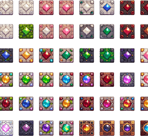 A spritesheet with different mystical floor tiles from a magical realm, each inlaid with bright gemstones of different colors. The tiles should be in the same basic style, with either a granite or other rock basis beneath the gemstones. The spriteshett should be laid out in a rectangular grid with empty space between each tile. The following colors of gemstones must be present: white, pink, green, red, blue, yellow, purple, brown, gray and orange.
Single Game Texture. In-Game asset. 2d. Blank background. High contrast. No shadows.