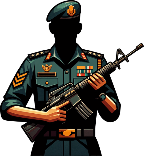 A military general holding a rifle.
Single Game Texture. In-Game asset. 2d. Blank background. High contrast. No shadows.