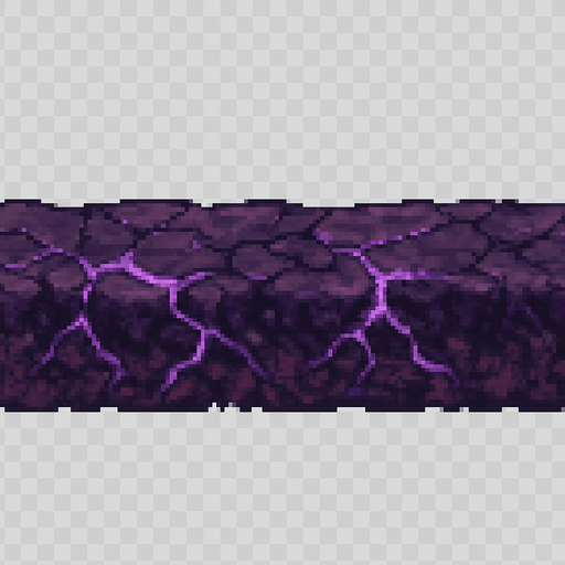 "High-quality 2D pixel art of a corrupted, infected soil tile designed as a horizontal strip. The terrain appears as a thin, straight line of dark purple, violet, and magenta tones, resembling infected earth. Cracks, glowing purple veins, and subtle texture details give it a diseased, magical look. The line is seamless and tileable, ideal for use as a corrupted ground border or floor edge in a fantasy RPG. Style is clean and detailed 16-bit pixel art. Transparent background
