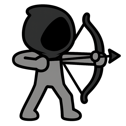Gray stickman with it's face covered with a black hood equipped with a bow
In-Game asset.  2d.  High contrast.  No shadows, no eyes