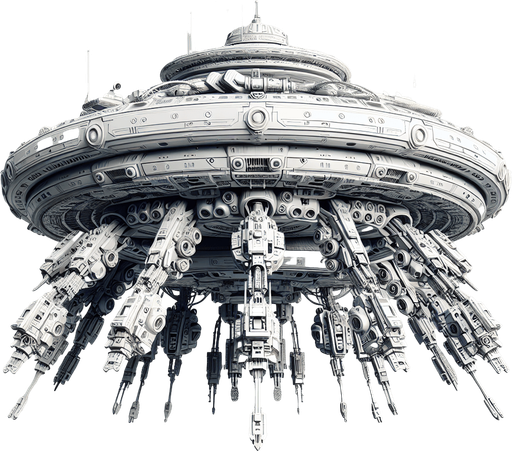 A ufo with weapons.
Single Game Texture.  In-Game asset.  2d.  Blank background.  High contrast.  No shadows