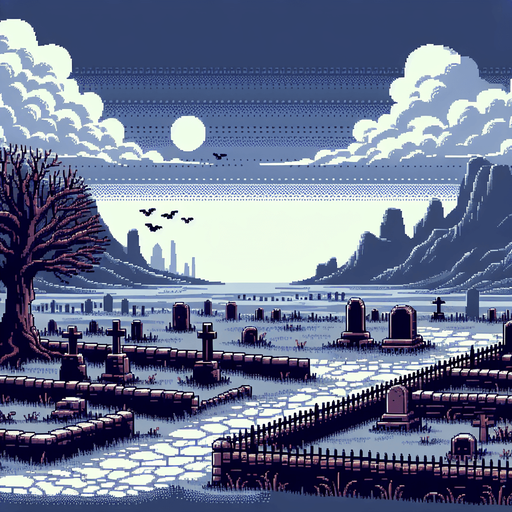 A pixel art large background in a Super Nintendo, Super Castlevania style with an open world like cemetery, 3/4 viewpoint
 
Single Game Texture. In-Game asset. 2d. Blank background. High contrast. No shadows.
