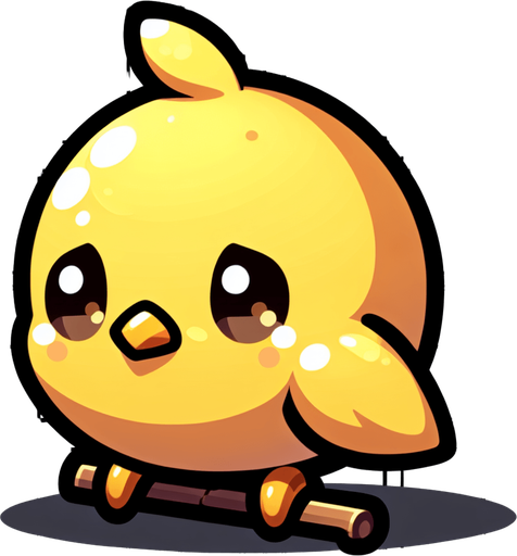 a little yellow bird, sad, sitting..
Single Game Texture. In-Game asset. 2d. Blank background. High contrast. No shadows.