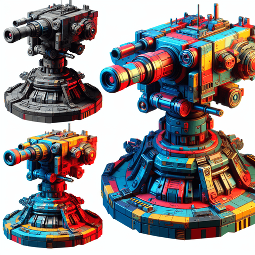 A turret.
Single Game Texture. In-Game asset. 2d. Blank background. High contrast. No shadows.