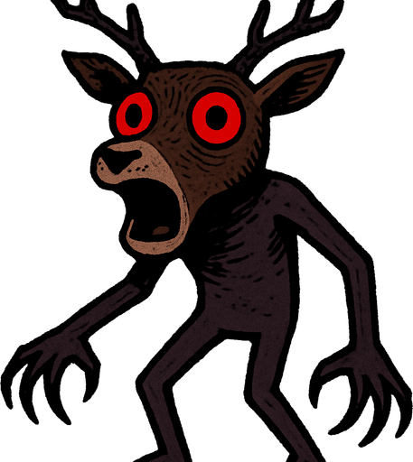 Cabeza de Ciervo: La figura posee una cabeza detallada de ciervo, con astas ramificadas de color oscuro (posiblemente negro o marrón oscuro). Tiene orejas puntiagudas y un hocico prominente de un tono más claro que el resto del cuerpo. Los ojos son grandes, completamente blancos con pupilas rojas gigantes y redondas, lo que le confiere una mirada vacía y sorprendente. La boca está abierta en una expresión que podría interpretarse como un grito o una mueca.

Cuerpo Humanoide: El cuerpo es de forma vagamente humana, con dos brazos largos y delgados que terminan en manos con lo que parecen ser garras o dedos muy alargados. Las piernas son también delgadas y la postura sugiere que está de pie. El color del cuerpo es principalmente marrón oscuro o morado oscuro..
In-Game asset.  2d.  High contrast.  No shadows