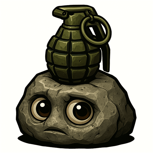 una piedra con ojos muy realista con una granada encima.
In-Game asset.  2d.  High contrast.  No shadows