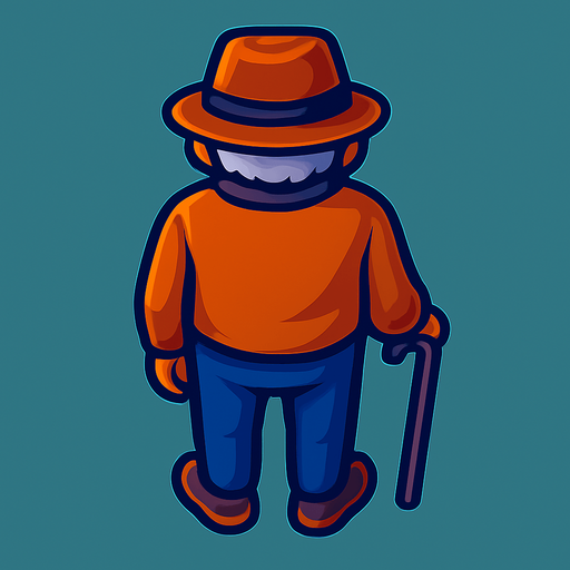 An old man with a cane and hat. Still facing straight forward with back facing straight down.