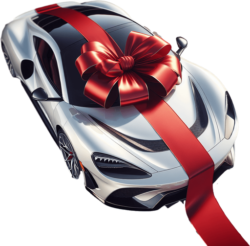 top full view luxury white sports car with a red ribbon