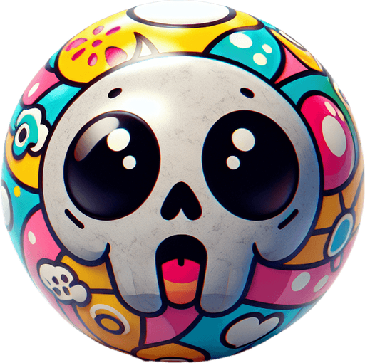 SKULL BALL. A ball with a skull on, billard ball with skull. Studio Ghibli. Ghibli style. Mobile game. Colorful. hand drawn. cute. fun. In-Game asset. 2d. Blank background. High contrast. No shadows.
