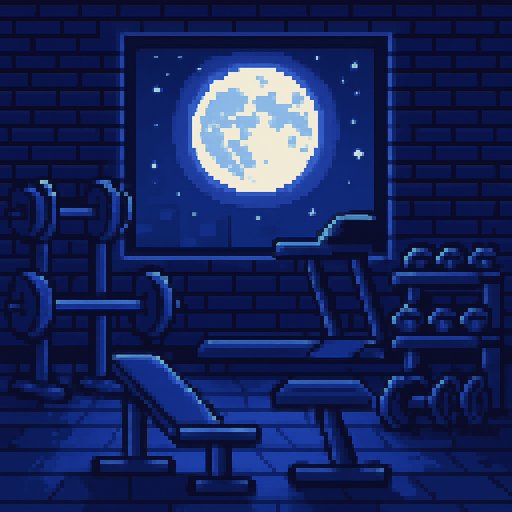 pixel tarzda ay ışığı temalı bir gym salonu çiz.
In-Game asset.  2d.  High contrast.  No shadows. pixel gym salonu