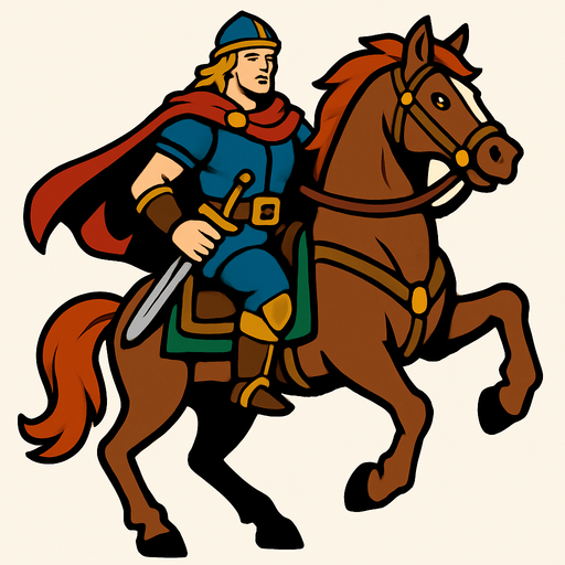a hero man on the horse character image.
In-Game asset.  2d.  High contrast.  No shadows