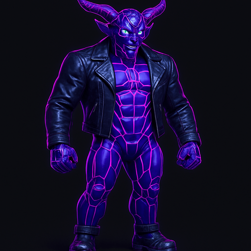 Black leather biker jacket longsleeves bare segmented neon cyberpunk pecs abs muscles robot monster hunk Neon cyberpunk 3d hologram corporate occult demon android mecha robot sentinel guard soldier machine monster fully in frame no part cut off no background anime futuristic Background removed, "Full-body character, entirely in frame, no cropping of face, head, or feet" "Complete character visible, from head to toe, fully centered in the image" "Entire character, including face and boots, fully within the frame" Character fully contained within a square frame, no edges cut off  horns through boots