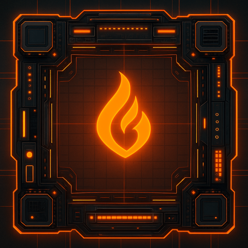2D Top floor of Flame tower facing the screen to use it as a grid. future. Cyberpunk. abstract. seen from above. HD colors. Orange color. No Diagonal assets. flame logo on the middle of it.