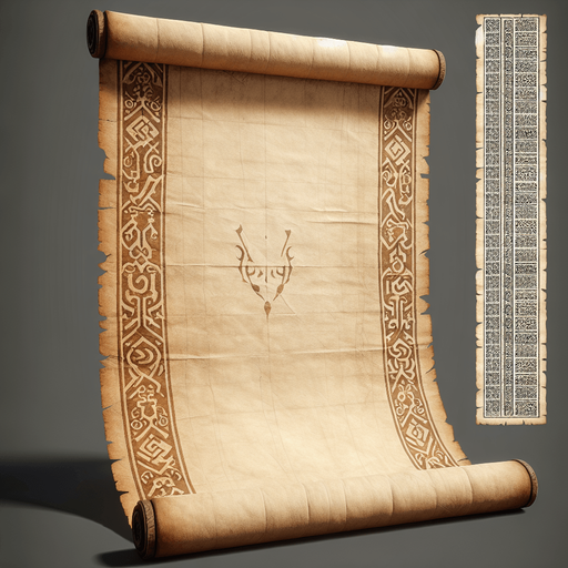 old white scroll unfurled blank no shadows Single Game Texture. In-Game asset. 2d. Blank background. High contrast. No shadows.
