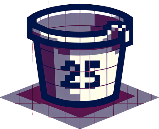 bucket with 25 text on it. front view. Single Game Texture. In-Game asset. 2d. Blank background. High contrast. No shadows. pixel. 8 bit