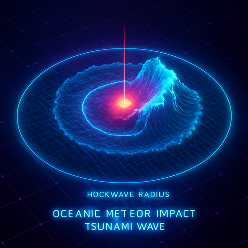 Overhead digital simulation hologram of oceanic meteor impact tsunami wave shockwave radius circle outward crashing neon cyberpunk 3d diagram