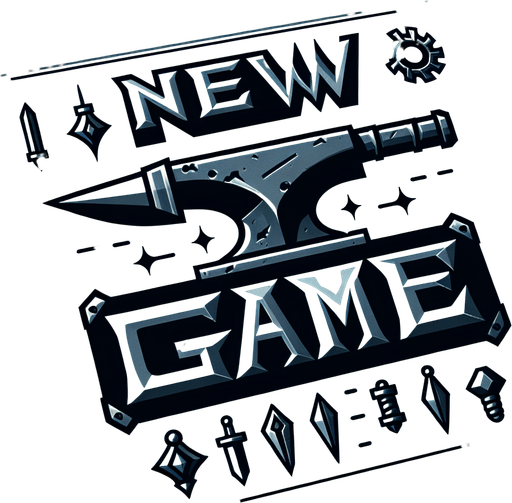 Надпись New Game в кузнечном и фентезийном стиле.
Single Game Texture. In-Game asset. 2d. Blank background. High contrast. No shadows.