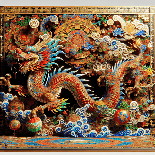 Chinese new years, magical landscape, year of the dragon.
Single Game Texture. In-Game asset. 2d. Blank background. High contrast. No shadows.