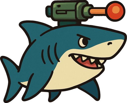 Shark with lasergun on his head, sideview, ghibli style.
In-Game asset.  2d.  High contrast.  No shadows