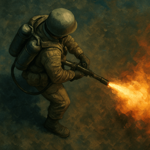 Army soldier with flamethrower, top view from drone