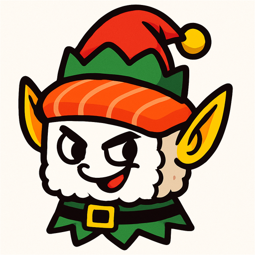 Un sushi con cara traviesa y con aspecto de elfo navideño.
In-Game asset.  2d.  High contrast.  No shadows
