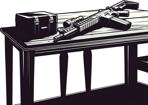 a table with a gun.
In-Game asset. Blank background. High contrast.