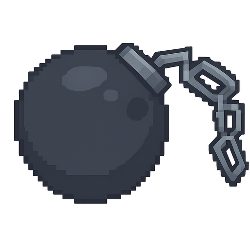 Una bola de acero negro  con unas cadenas grises estilo pixel art. No background. Transparent background. Blank background. No shadows. 2d. In-Game asset. flat