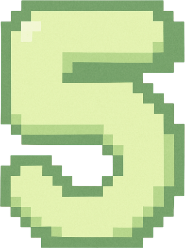A pixel art number "5" designed for a cozy, cute retro 2D game UI with a bird theme. The number is rendered in soft pastel light green tones to harmonize with the gentle and sweet aesthetic of the game. It has a clean, simple, and rounded pixel style with no harsh edges, fitting perfectly within the pixel art UI style. The number is bold and easily readable at small sizes..
In-Game asset.  2d.  High contrast.  No shadows. pixel art. retro. 2d ui. number. pastel light green. simple. rounded edges. bold. cute. minimal