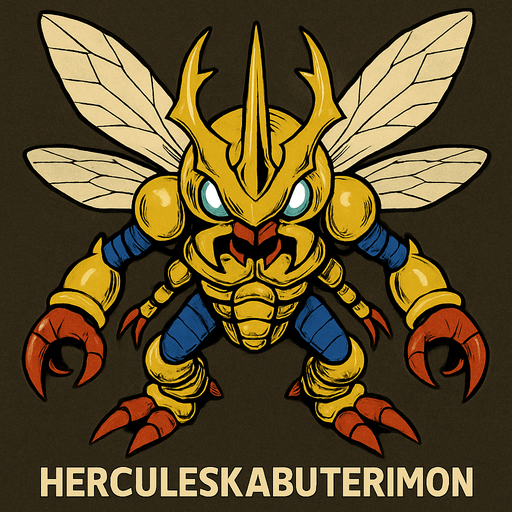 Herculeskabuterimon, visto desde arriba, calidad y detalles altamente épicos.
In-Game asset.  2d.  High contrast.  No shadows