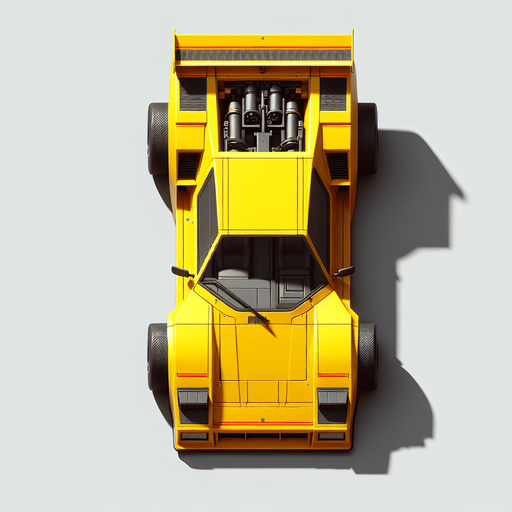 top down view of arcade racing car with the yellow color.
Single Game Texture.  In-Game asset.  2d.  Blank background.  High contrast.  No shadows