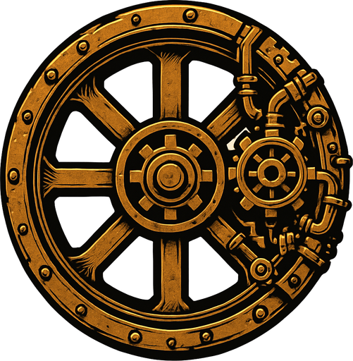 has una rueda en estilo steampunk.
In-Game asset.  2d.  High contrast.  No shadows