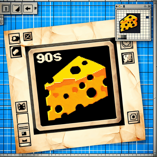 Worn out sticker for a video game, 90s style, cheese, simple, vintage.
Single Game Texture. In-Game asset. 2d. Blank background. High contrast. No shadows.