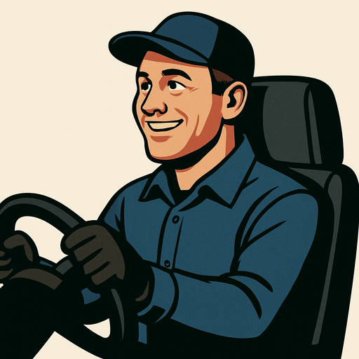 Smiling realistic driver. But hə is looking right.
In-Game asset.  2d.  High contrast.  No shadows