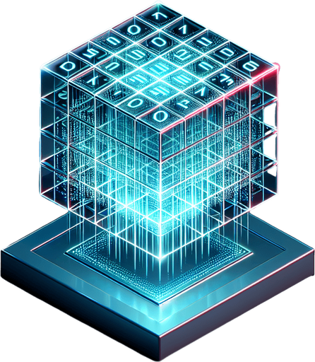 Create an isometric 3D holographic cube resembling a Rubik's cube. The cube should display the top face and two adjacent side faces, each divided into a 3x3 grid of cells. Each cell must contain either a '1' or a '0' in a glowing cyan-blue monospace font, clearly visible on all three visible faces. A few specific cells across the cube should stand out with their binary digits ('1' or '0') highlighted in bright red. The entire cube should have a holographic look, with glowing gridlines separating the cells and a subtle flicker effect. Ensure the cube appears suspended in mid-air, projecting from a base below, with soft lighting and a sci-fi ambiance..
Single Game Texture. In-Game asset. 2d. Blank background. High contrast. No shadows.