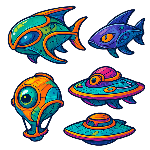 Alien Airships, HD colors.
In-Game asset.  2d.  High contrast.  No shadows