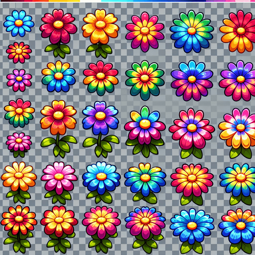 A sprite sheet of flowers seen from above. Cartoon. All similar size. Each blossom has multi colored rainbow petals. only the blossom. Bold colors and shading. 
Single Game Texture. In-Game asset. 2d. Blank background. High contrast. No shadows.