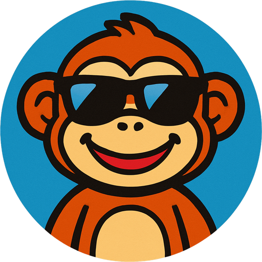 un monito en una imagen redonda, el monito lleva gafas de sol, es de plastico y tiene una sonrisa.
In-Game asset.  2d.  High contrast.  No shadows