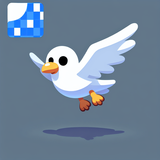 A cartoon-style seagull in mid-flight, white feathers with a light gray beak and wings slightly spread out. Expressions should be fun and mischievous.".
Single Game Texture.  In-Game asset.  2d.  Blank background.  High contrast.  No shadows