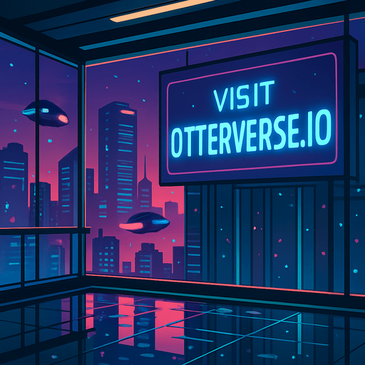 “Render a futuristic skyline view from a glass-walled sky-bridge at twilight. Huge digital billboard outside declares ‘Visit otterverse.io’ in crisp neon lettering. Include passing hover-cars, floating particle effects, and a wet floor inside reflecting the lights—no characters or coins.”.
In-Game asset.  2d.  High contrast.  No shadows