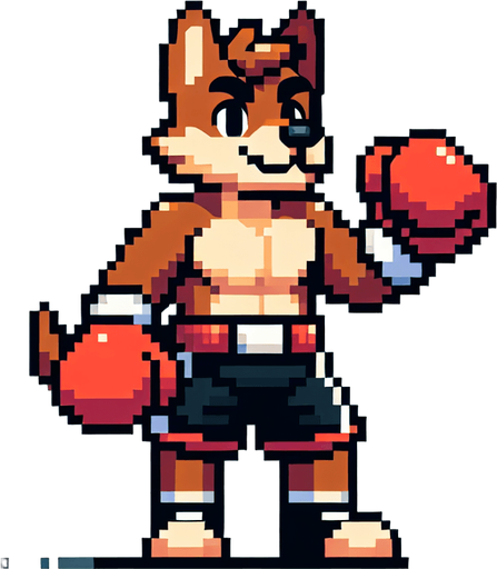 anthropomorphic dog wearing boxing shorts and boxing gloves, boxer, pixel art
Single Game Texture. In-Game asset. 2d. Blank background. High contrast. No shadows.