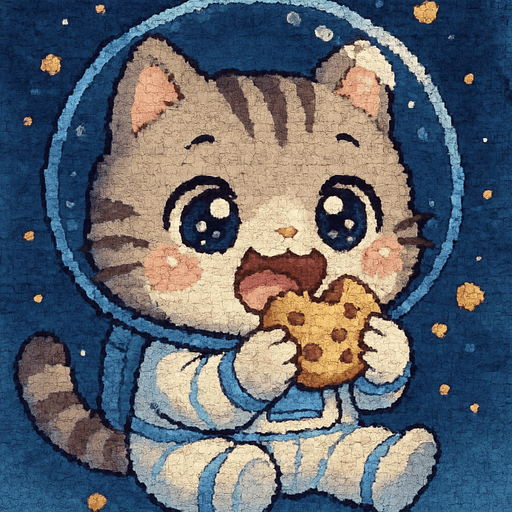 A cute kitten, illustrated in an adorable chibi anime style and wearing an astronaut suit, is joyfully eating as if it hadn’t had a meal in ages. Its eyes sparkle with delight, and crumbs float around in zero gravity.
